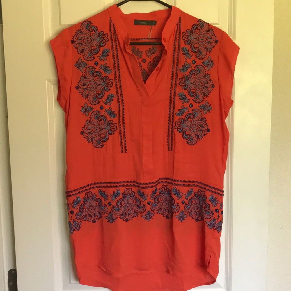 Embroidered flutter-sleeve top